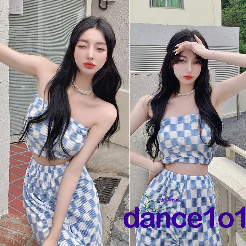 ♀Nc✭Set Áo Ống Họa Tiết Sọc Caro + Quần Dài Lưng Cao Ống Rộng Năng Động Thời Trang Dành Cho Nữ