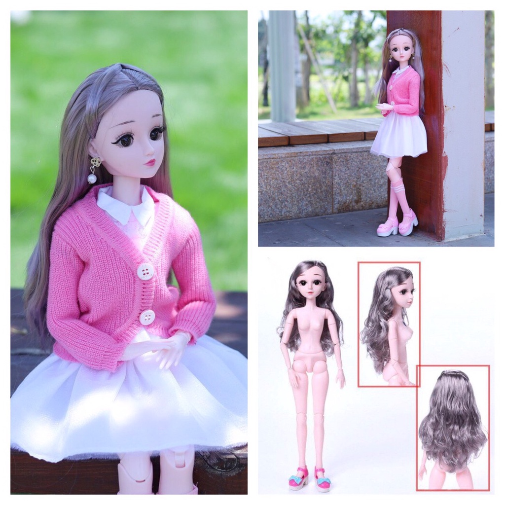 Búp Bê BJD 18 Khớp Trong Bộ Váy Trắng Kèm Áo Khoác Len Hồng Dễ Thương - Cao 60cm