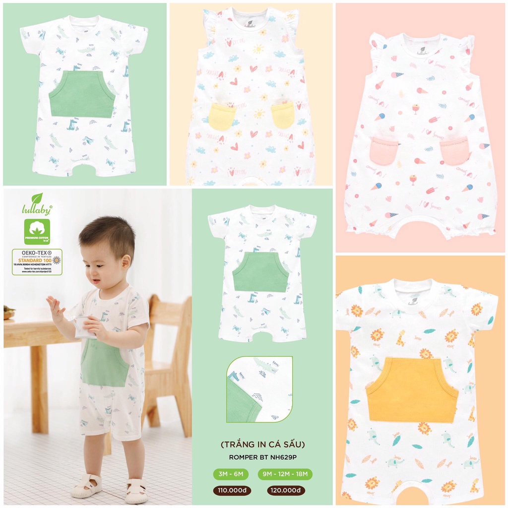 Romper túi bụng in họa tiết trẻ em cotton cao cấp an toàn cho bé Lullaby chính hãng