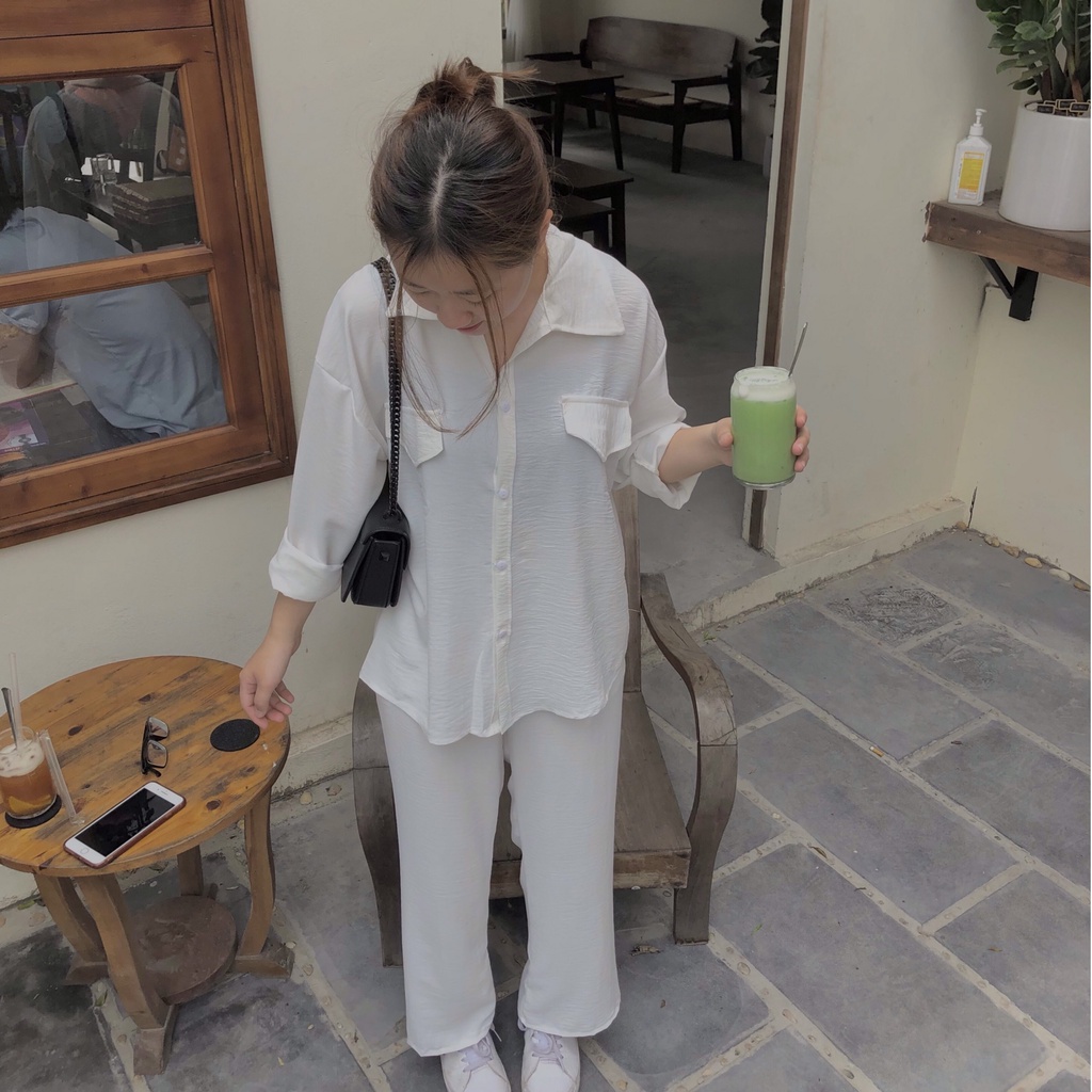 Set đồ nữ, Set áo sơ mi đũi trắng mix quần suông trắng xinh xuất sắc [Ảnh thật] | BigBuy360 - bigbuy360.vn