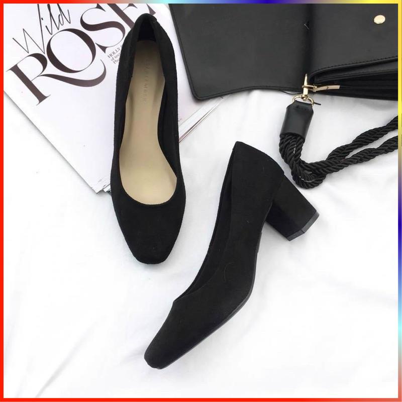 Giày cao gót nữ VNXK da lộn mũi vuông, giày boot nữ dáng basic gót vuông 5p hàng xuất xịn