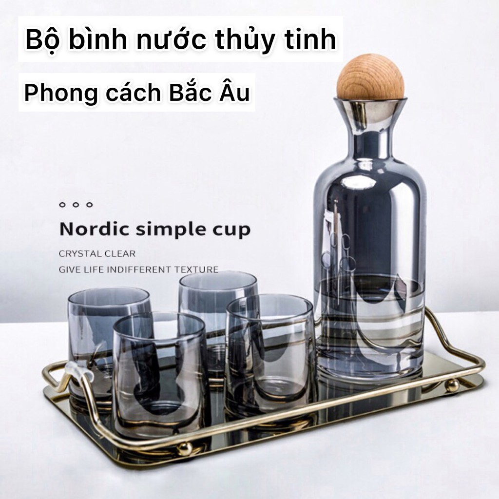 Bộ bình nước thủy tinh borosilicate kèm khay inox đựng cốc ly phong cách Bắc Âu hiện đại