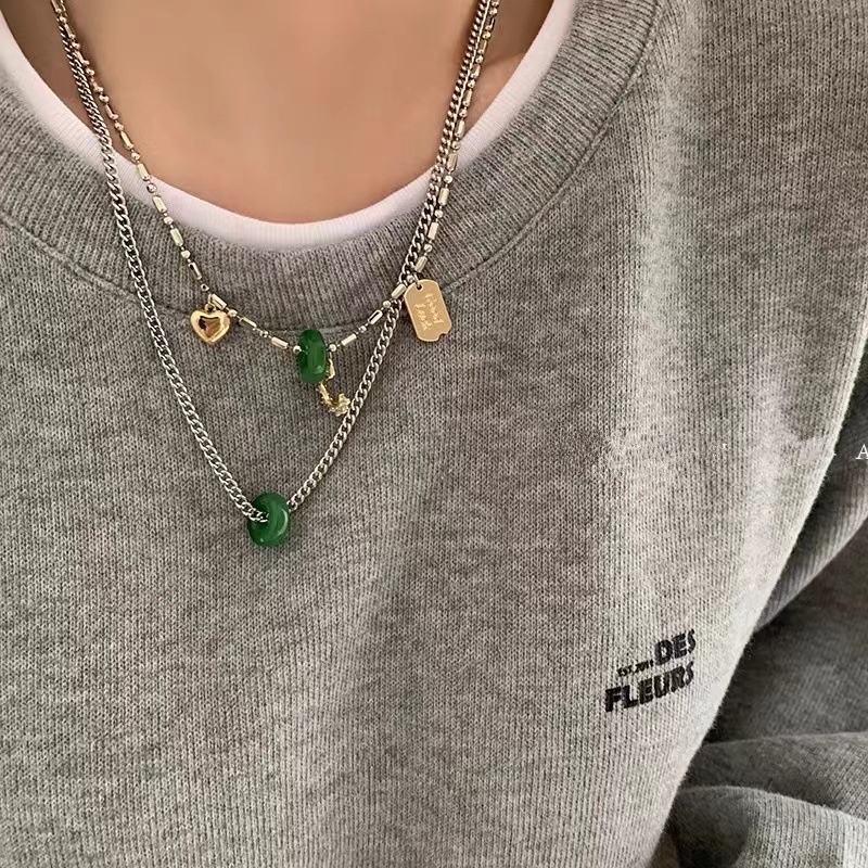 Vòng cổ Hai Lớp Mặt Hình Trái Tim Màu Xanh Ngọc Bích Phong Cách Hip Hop Thời Trang