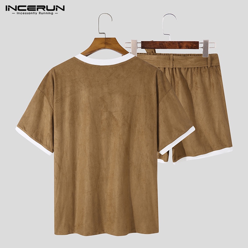 INCERUN Set Áo Thun Ngắn Tay Cổ Tròn Và Quần Short Thời Trang Mùa Hè Cho Nam