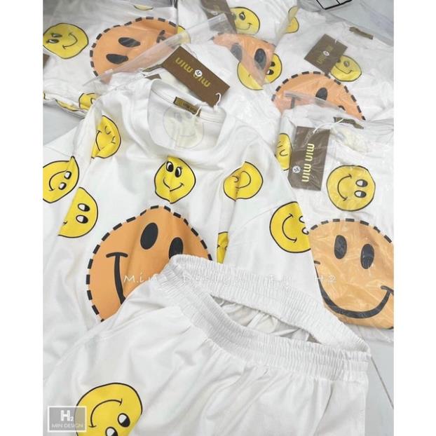 Set Thun Mặt Cười Kèm Short - Bộ Áo Thun Tay Lỡ Form Rộng Hoạ Tiết ICon Dễ Thương Kèm Quần Đùi Cạp Chun