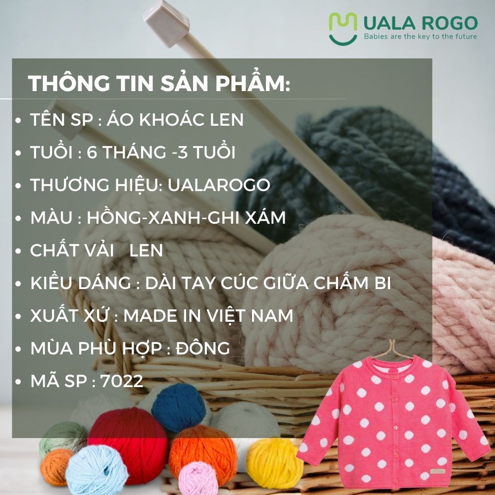 Áo khoác len cho bé Uala rogo 6 tháng - 3 tuổi chấm bi dài tay cúc giữa giữ ấm 7022