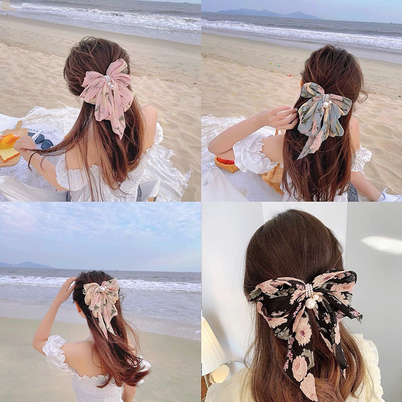 Kẹp Tóc Nơ Ruy Băng Lớn Đính Ngọc Trai Thời Trang Mới Ngọt Ngào Cho Nữ