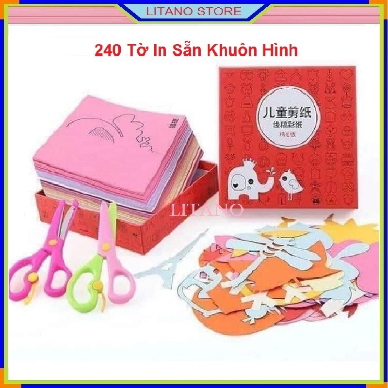 Bộ Khuôn Cắt Giấy Thủ Công Theo Hình In Sẵn 240 Tờ Giấy Màu Cho Bé