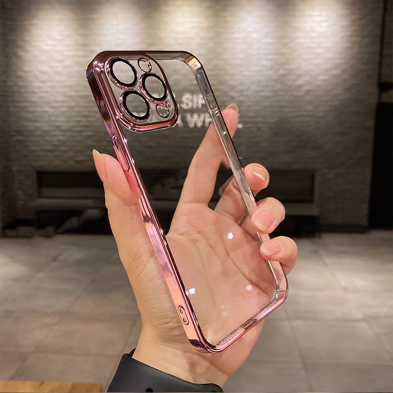 Ốp lưng silicon mềm trong suốt được mạ vàng sang trọng với màng ống kính cho iPhone 11 12 13 Pro Max X XS XR XSMAX