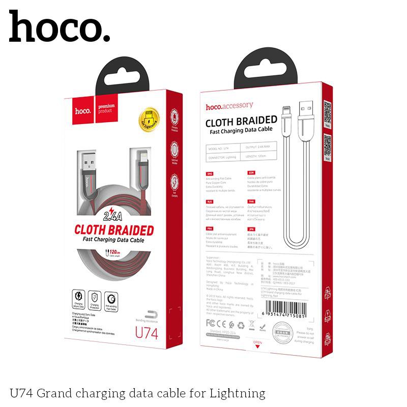 Cáp sạc nhanh Hoco U74 hợp kim kẽm 2.4A cho iPhone, iPad, Android dây dài 1.2m - Chính hãng hoco