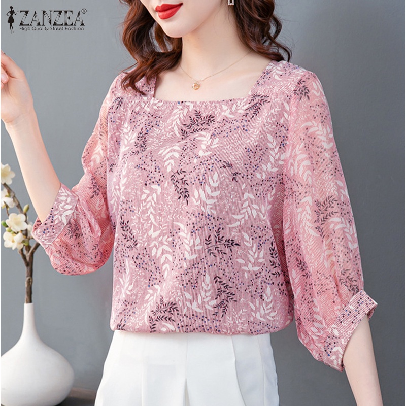 Áo kiểu Zanzea tay ngắn cổ vuông phong cách Hàn Quốc cho nữ