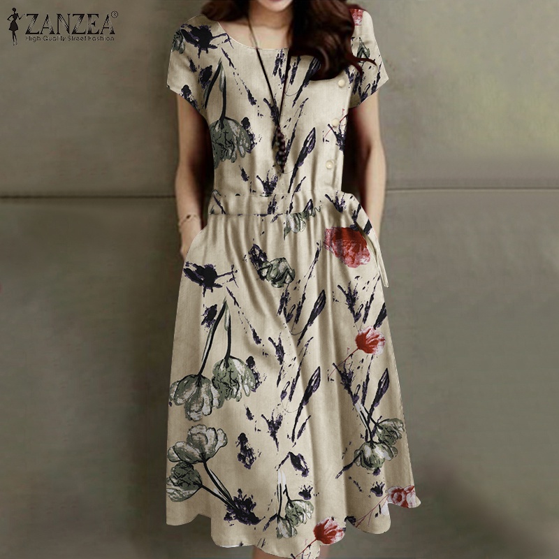 Đầm Zanzea tay ngắn cổ tròn in họa tiết hoa phong cách cổ điển dành cho nữ