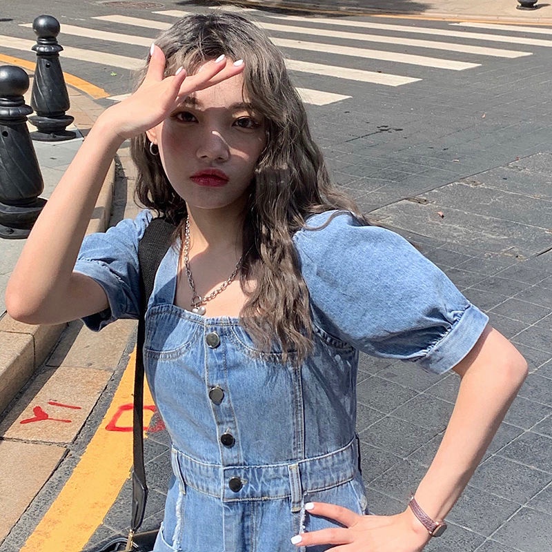 Đầm Denim Cổ Vuông Tay Phồng Phong Cách Âu Mỹ Thời Trang Mùa Hè 2022