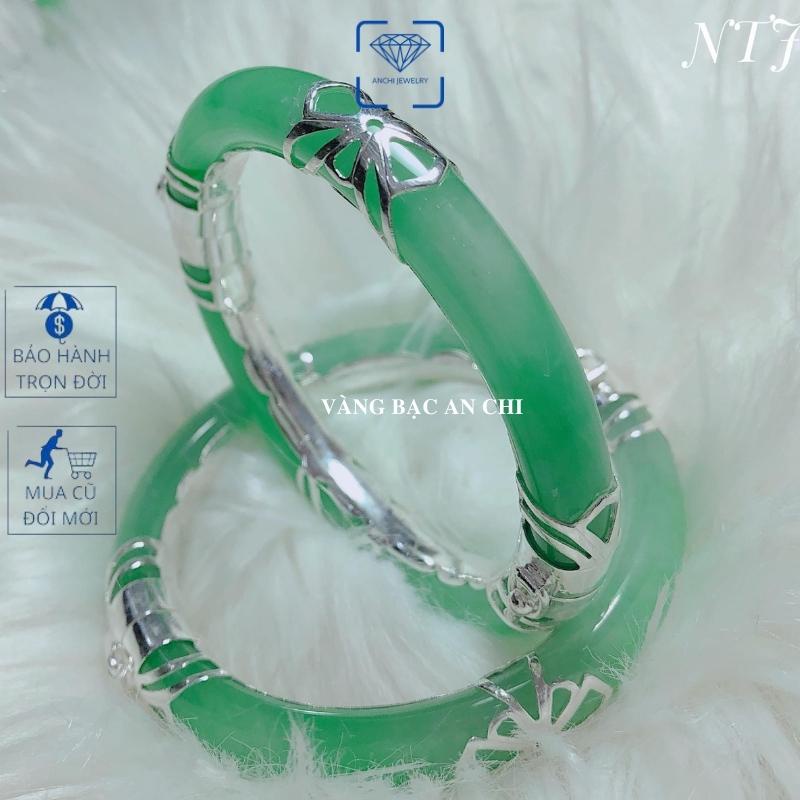 Vòng tay ngọc xanh liền khối bản đũa bọc bạc, Anchi jewelry
