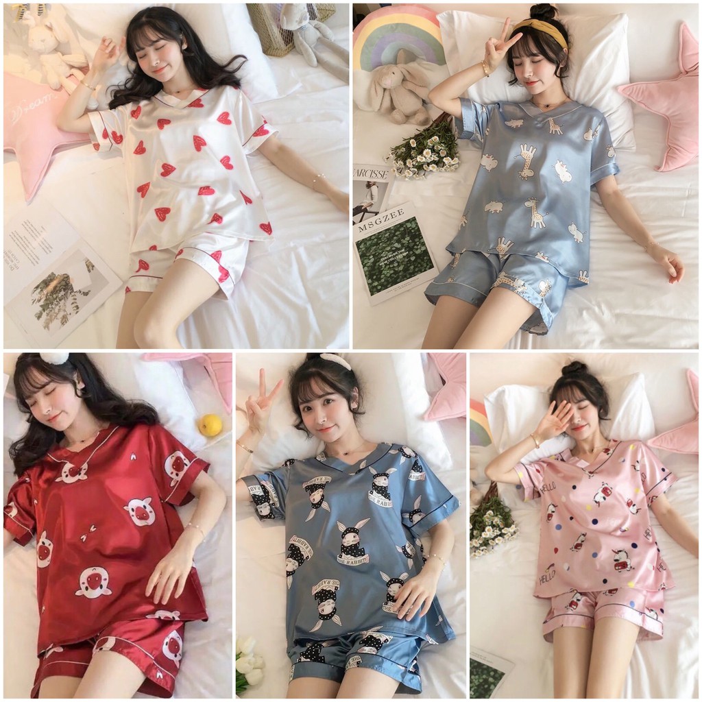 [FREE SHIP]Đồ ngủ mặc nhà,Pijama nữ chất lụa mềm mại, thoáng mát, họa tiết dễ thương, cổ vạt, áo cộc quần đùi