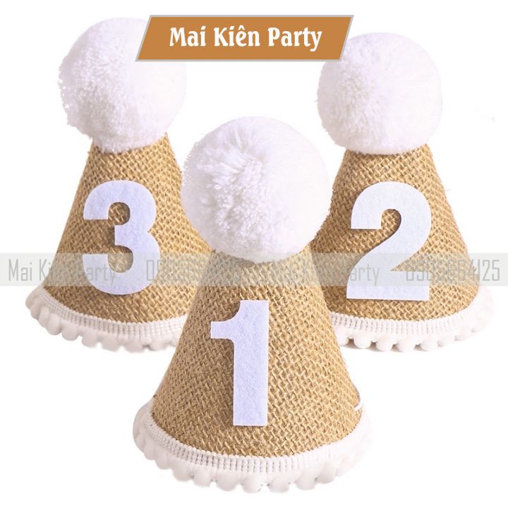 Mũ Sinh Nhật Quả Bông Vải Cói Cute Cho Bé 1-3 Tuổi Phong Cách Hàn Quốc Mai Kiên Party