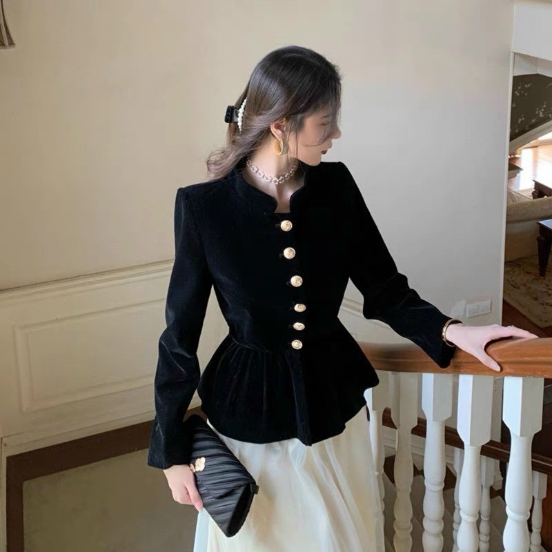 Áo Nhung Đen Khuy Đồng Phong Cách Tiểu Thư Sang Chảnh Hàng 2 lớp