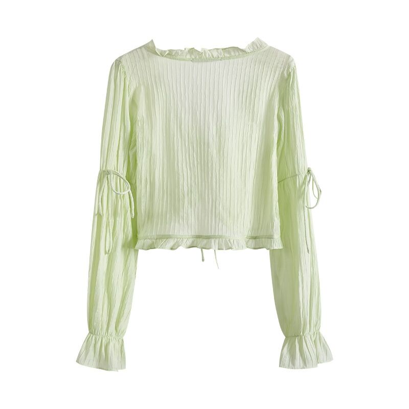 QKOOLE  Áo Kiểu Tay Dài Cổ Chữ V Phối Bèo Nữ Tính