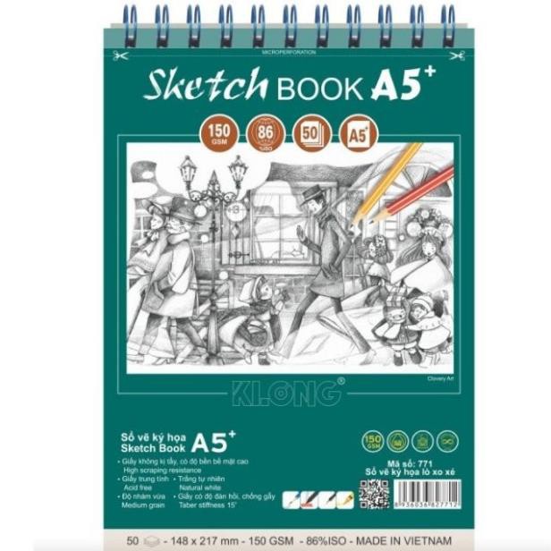 Sổ Lò Xo Kép Vẽ Ký Họa Sketch 50 Tờ A5 150GSM Klong 771