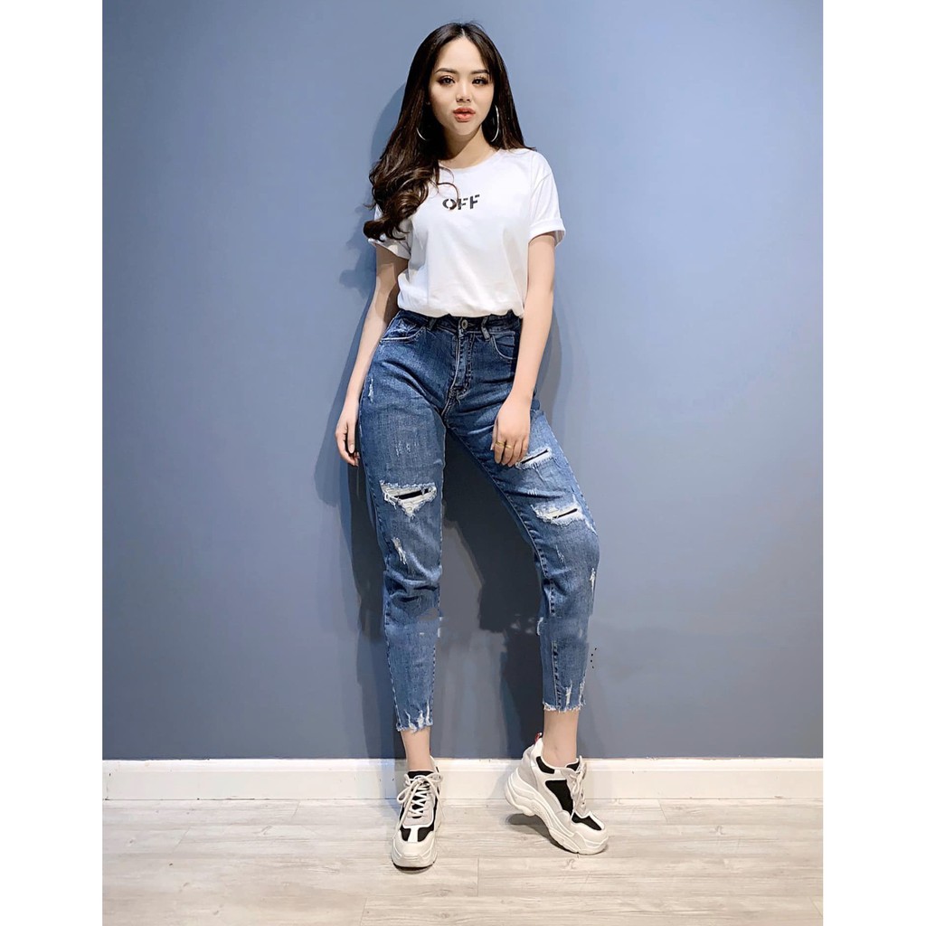 Quần jean dài 9 tấc BIG SIZE rách vá lưng cao co dãn mạnh 2436
