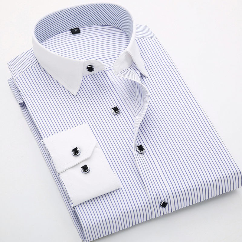 【Non-iron shirt】Men Formal Button Smart Casual Plus Size Long Sleeve Slim Fit Men's non iron striped long sleeve shirt business slim casual young and middle-aged wrinkle resistant shirt spring and autumn thin inch cotton shirt