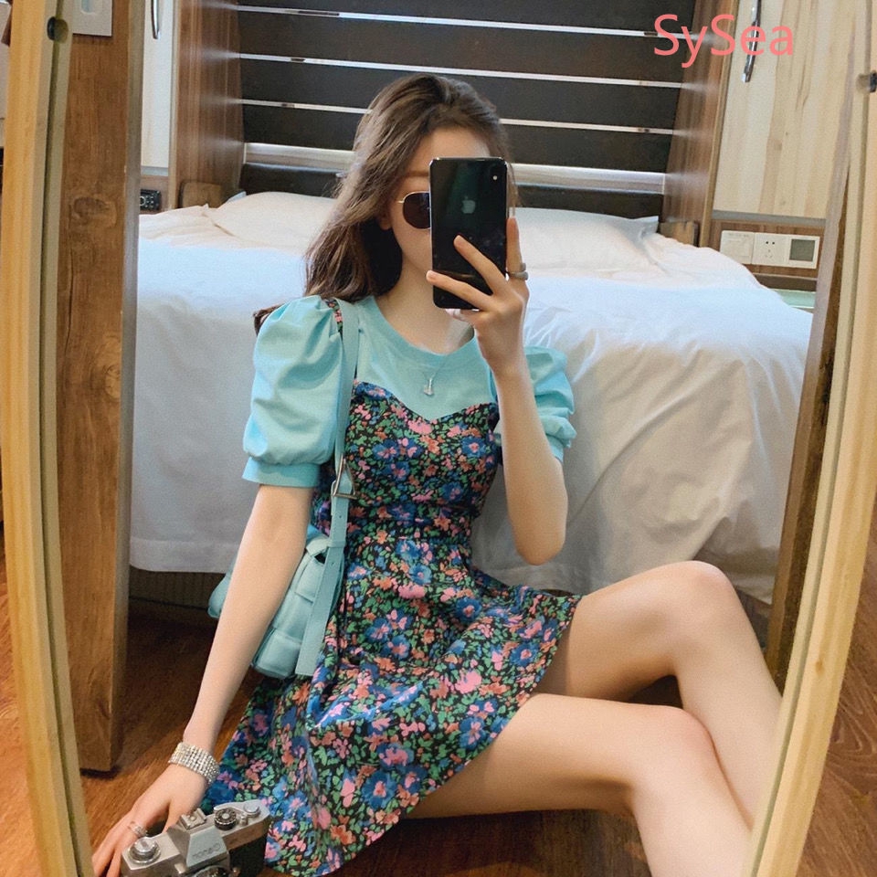 One Piece Summer Women Short Sleeve Blue Floral Midi Dress