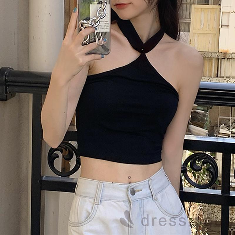 Áo croptop sát nách màu trơn ôm dáng màu trắng/đen cho nữ