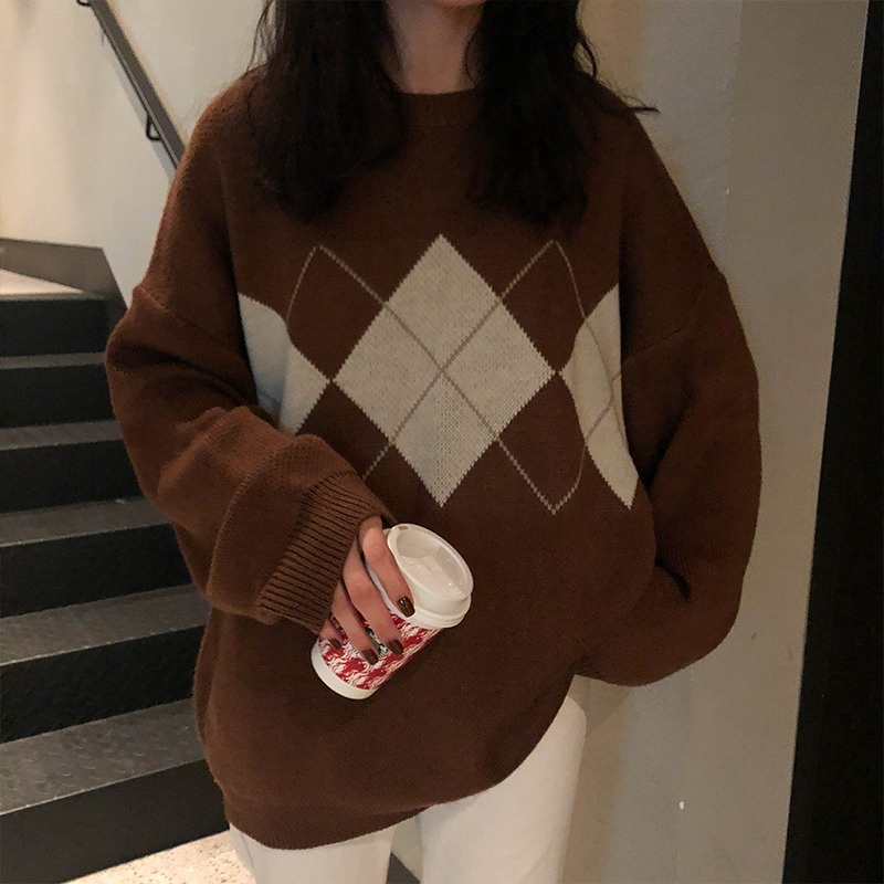 Áo Sweater dệt kim dáng rộng cổ tròn tay dài phong cách retro thời trang