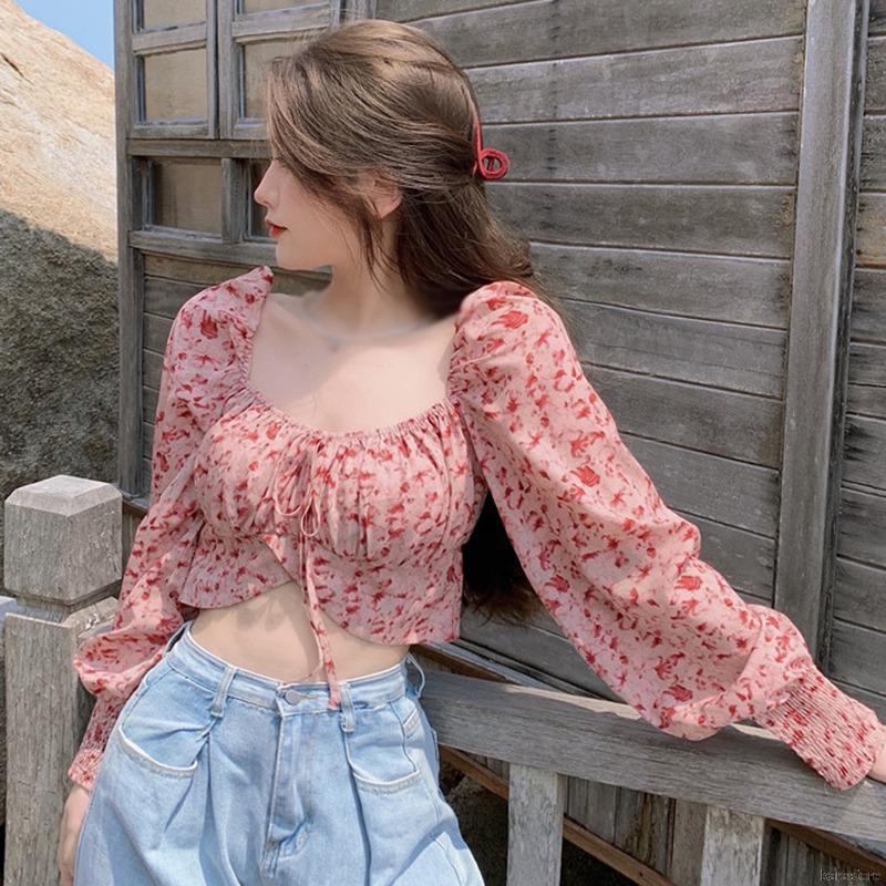 ۞✽♀Áo croptop vải voan tay dài họa tiết hoa nữ tính