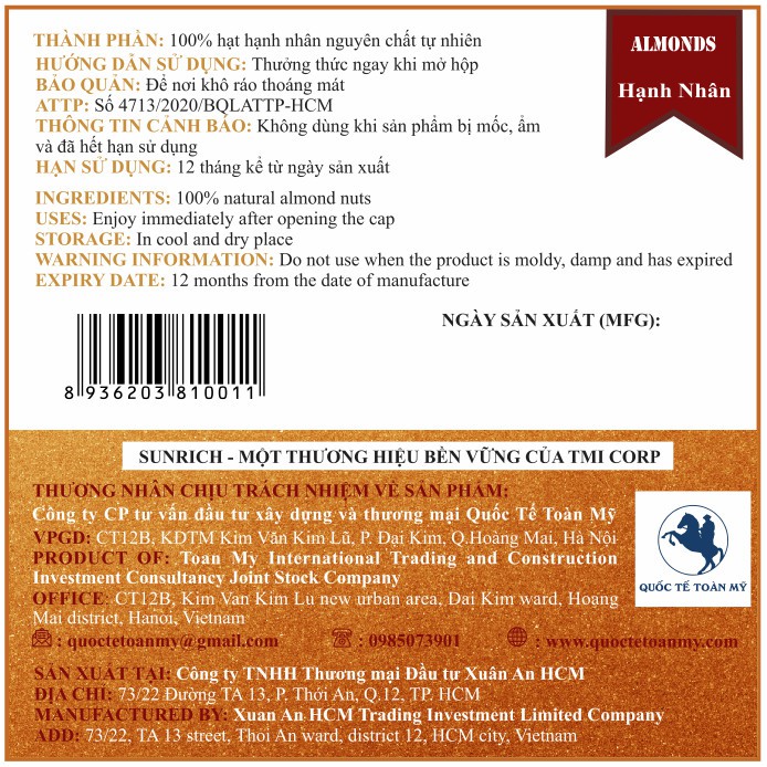 [SUNRICH] 500G HẠNH NHÂN RANG BƠ MỎNG VỎ ĐÓNG HỘP THƠM NGON, BỔ SUNG DINH DƯỠNG,  QUÀ TẶNG TỪ THIÊN NHIÊN NGUYÊN | BigBuy360 - bigbuy360.vn
