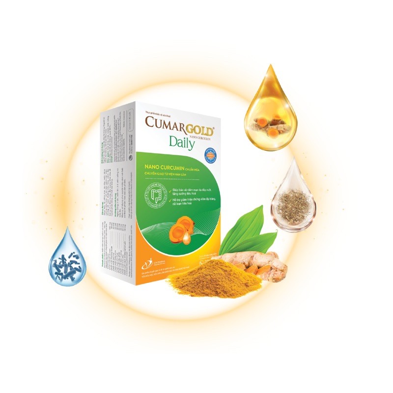 Cumargold daily nano curcumin giúp bảo vệ niêm mạc dạ dày, ruột, tăng cường tiêu hoá, hỗ trợ viêm đại tràng mua 6+1 tích