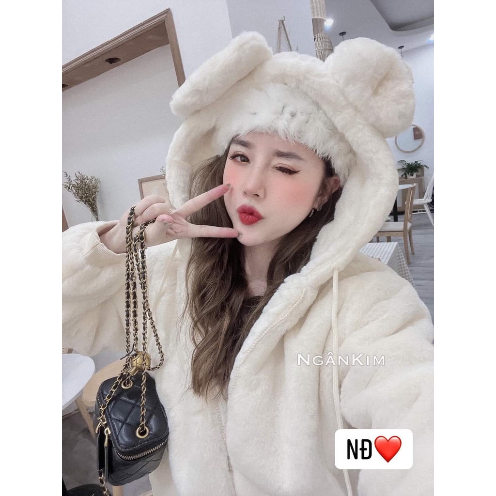 Áo khoác lông tai gấu, áo khoác lông thỏ tai gấu phong cách Hàn Quốc