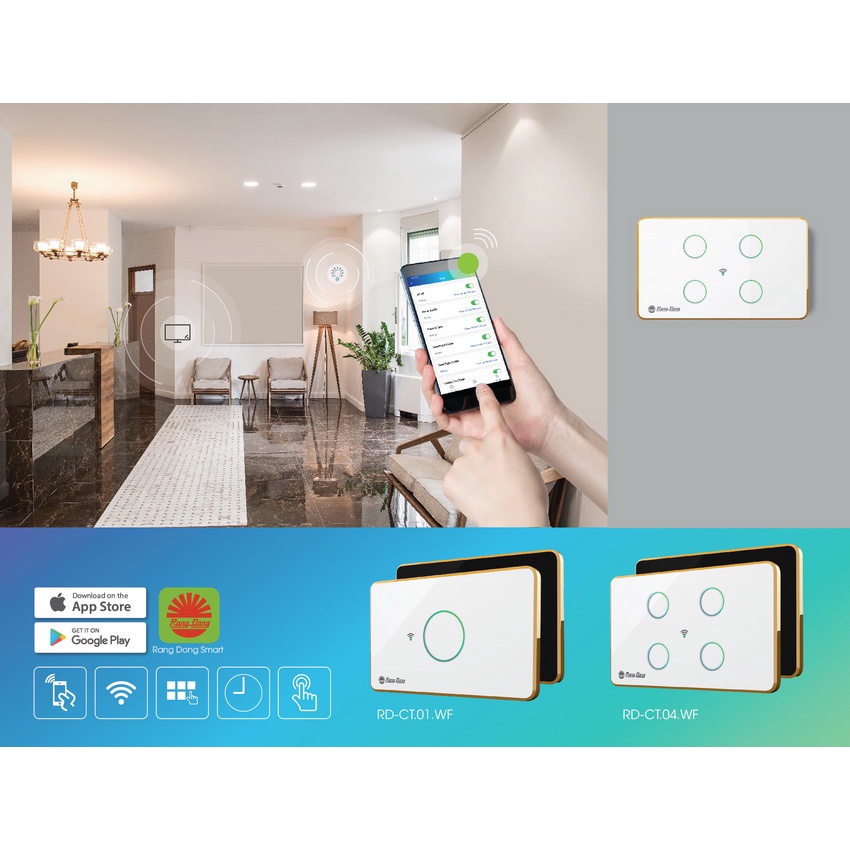 Công tắc cảm ứng thông minh Wifi Rạng Đông hình chữ nhật 1-2-3-4 Nút điều khiển qua APP - Model: CTCU.WF CN.03T