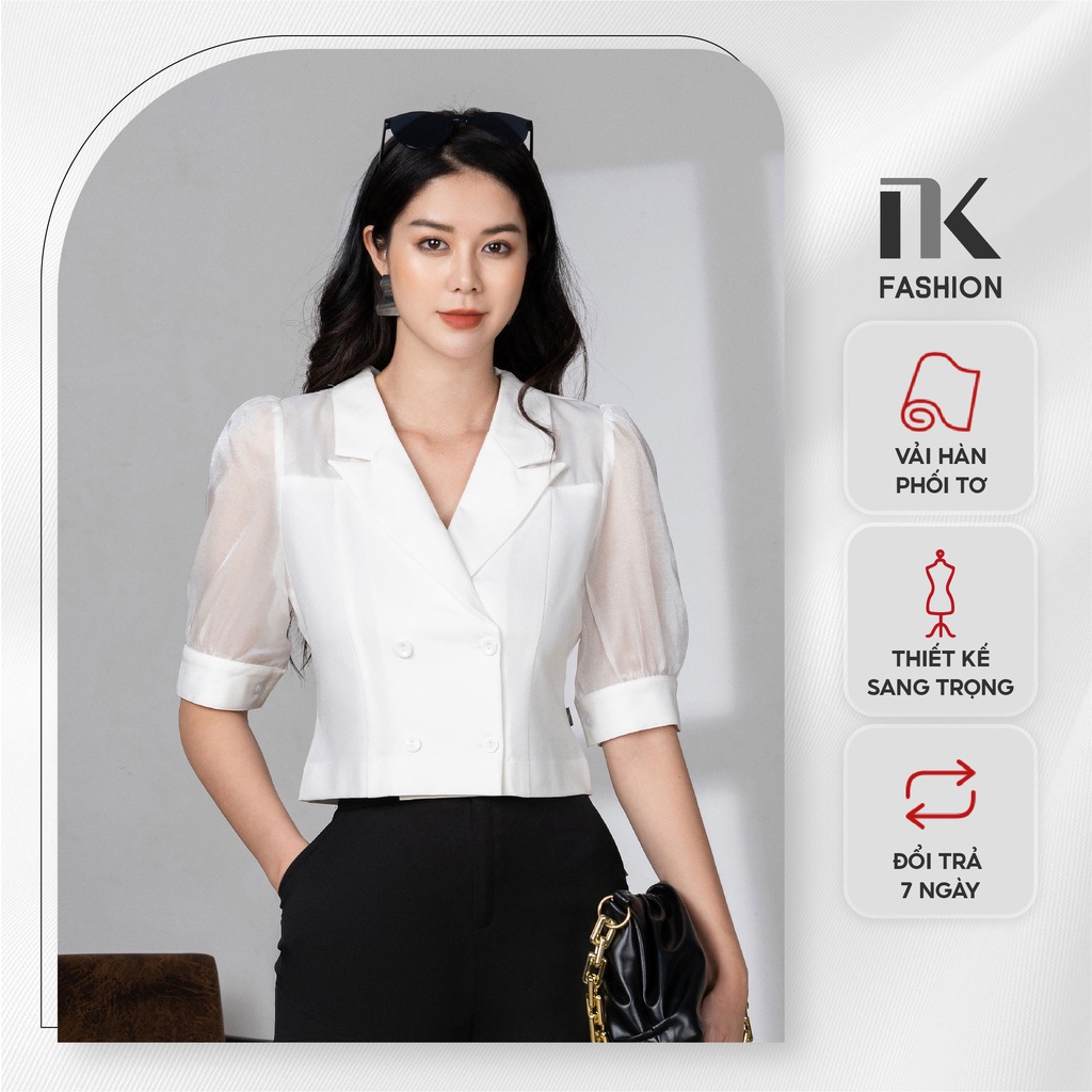 Áo Sơ Mi Nữ Công Sở Cổ Vest NK Fashion Tay Lỡ Giao Cúc Phối Tơ Ánh, Chất Liệu Nhập Hàn Mềm Mịn NKSM2112016