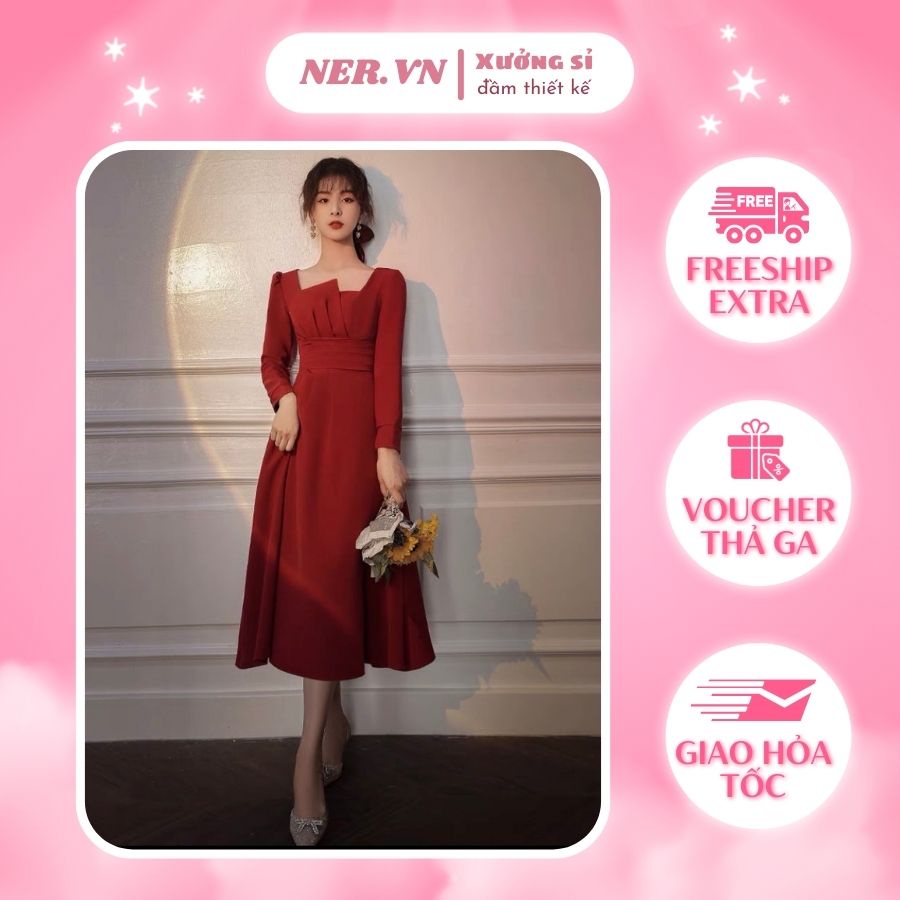 Đầm Dự Tiệc tay dài, cổ nhấn XẾP LY vạt vải cao,phong cách quý cô Sang Trọng,xinh xắn màu Đỏ, Trắng, Thương hiệu NER-N51