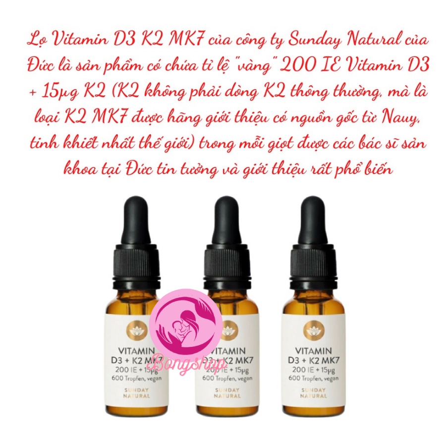 [CHUẨN AUTH] Vitamin D3 K2 MK7 Sunday Natural Đức 20ml Cho Trẻ Từ Sơ Sinh Đến 4 Tuổi, Tăng Hấp Thụ Canxi tăng chiều cao