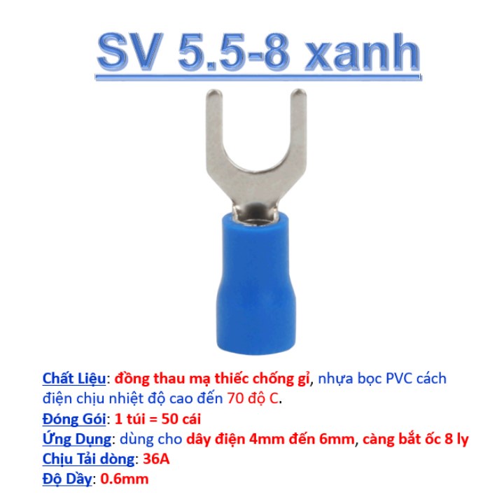 Đầu cos chữ Y bọc phủ nhựa SV 3.5mm 5.5mm 100c💥cốt chẻ, cosse chỉa chữ U, cos chĩa bấm nối dây điện bằng đồng