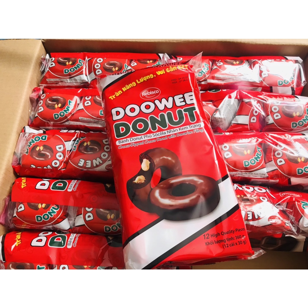 Bánh Donut Doowee Phủ Sôcôla Nhân Kem Trứng 360g 12 Gói Nhỏ