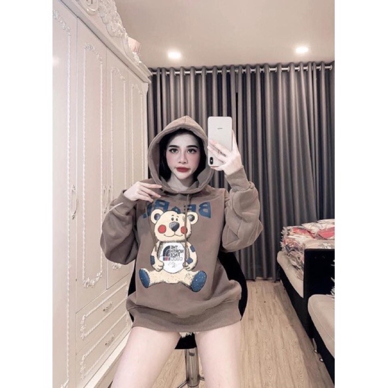 Áo khoác chui đầu hoodie nỉ ngoại có nón tay phồng in gấu unisex ulzzang nam nữ