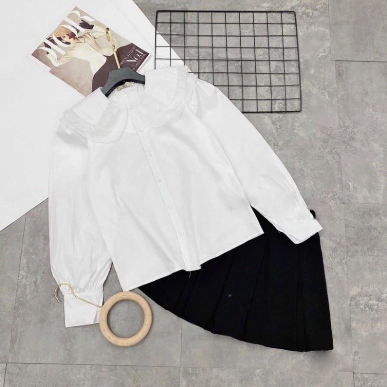 Áo sơ mi nữ đi học, áo sơ mi nữ trắng dài tay cổ sen ren bèo điệu đà chất đẹp, thoáng hút mồ hôi