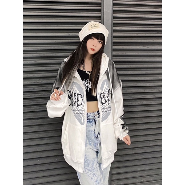 Áo khoác hoodie zip nỉ có mũ hoạ tiết phong cách retro Âu Mỹ