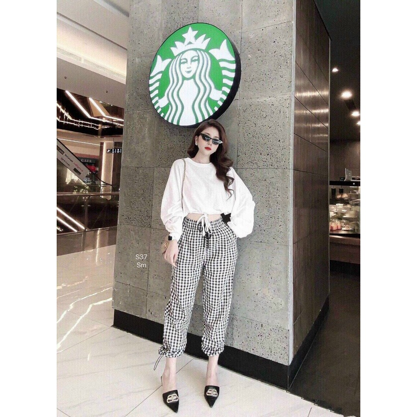 Set đồ nữ đi chơi cá tính,  đồ bộ nữ dễ thương với quần dài ống rộng lưng thun kèm áo kiểu nữ form rộng dài tay cực xinh