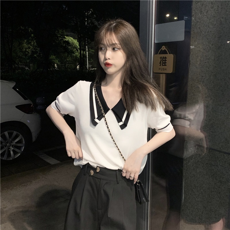 Áo dệt kim ZHELIHANGFEI tay ngắn cổ búp bê màu tương phản phong cách phương Tây thời trang mùa hè 2022 cho nữ