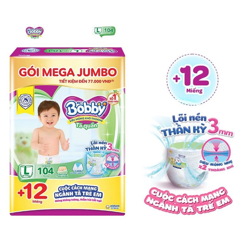 Tã/Bỉm quần Bobby đệm lưng khô thoáng Mega Jumbo XL96/L108/M124/XXL88/M120/L104/XL92 miếng