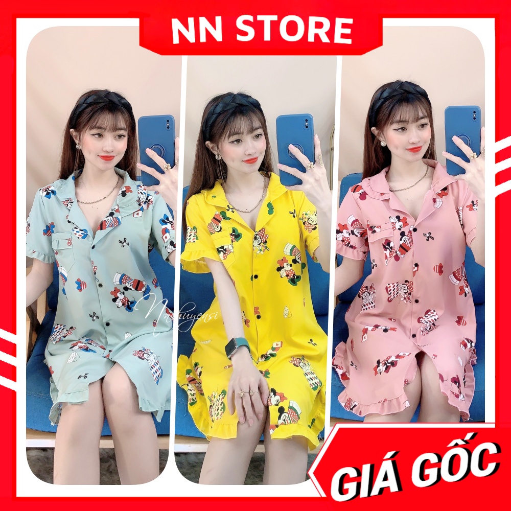Đầm ngủ nữ mặc nhà chất kate mềm mịn mát in hình chuột hoạt hình dễ thương D864