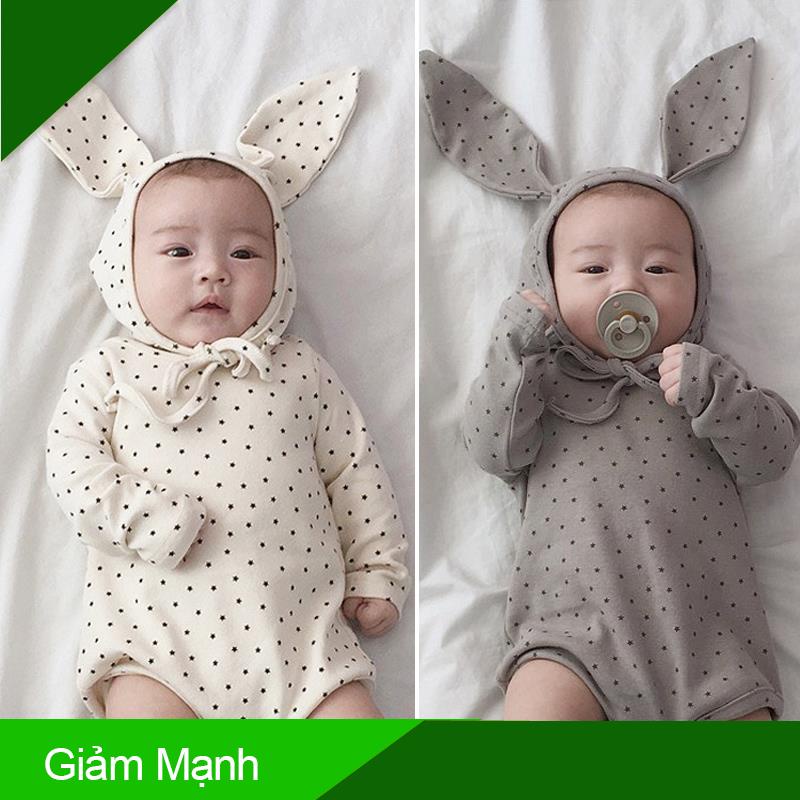 (Giảm Mạnh) Bộ áo liền quần tay dài in họa tiết ngôi sao + mũ tai thỏ xinh xắn cho trẻ em