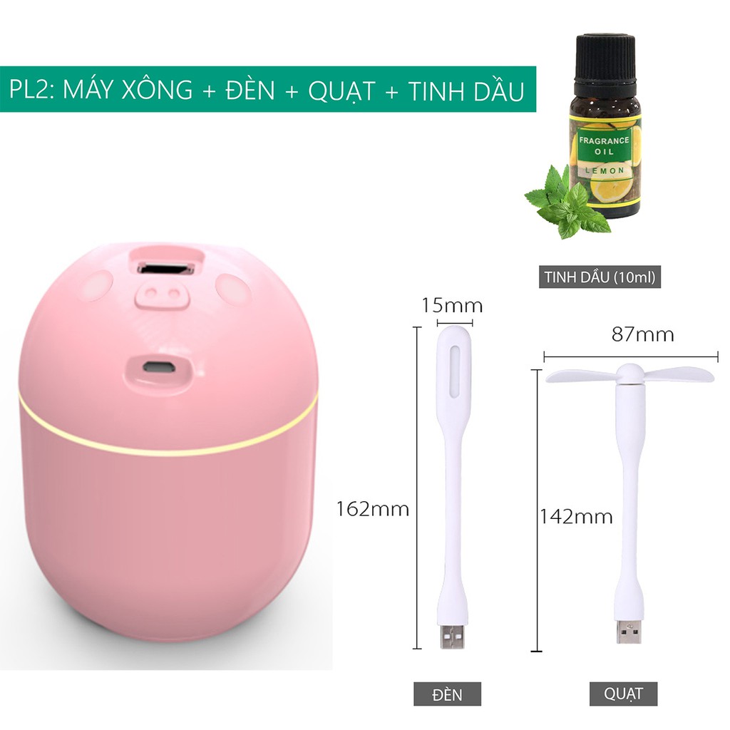 Máy xông tinh dầu mini dễ thương | 4 in 1 | Có quạt + đèn USB + 1 chai tinh dầu