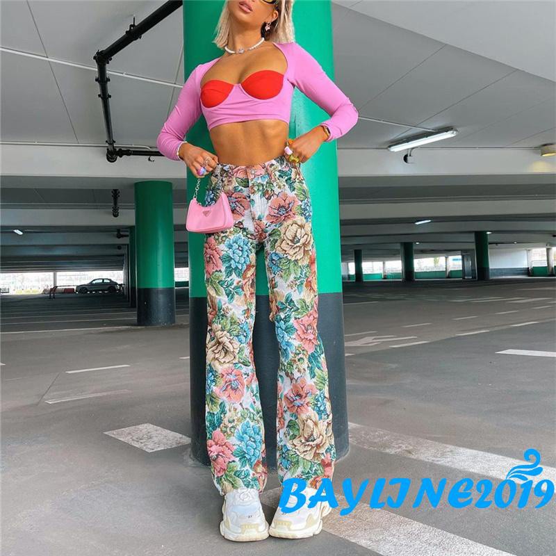 Quần Dài Nữ Ống Rộng Họa Tiết Hoa Thời Trang Cá Tính