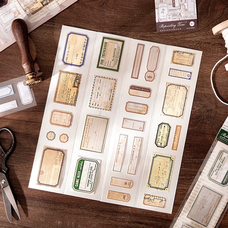 Bộ 6 tờ nhãn dán kiểu tem phiếu retro nhiều kích thước - Set 6 strips of retro ticket sticker