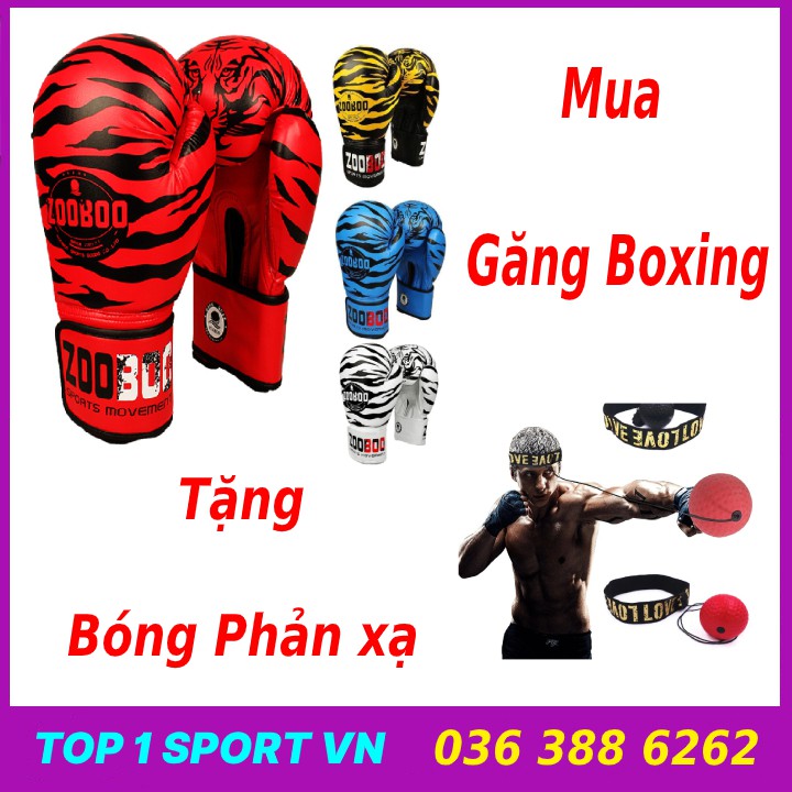 Găng tay boxing đấm bốc Zooboo hổ vằn chính hãng tặng kèm bóng đấm phản xạ boxing treo đầu, dung cụ sparring trainning
